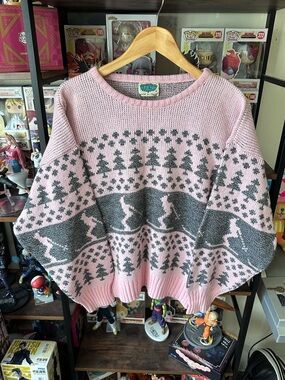 Vintage Pink Gray Knit Sweater Deer Tree Pattern Made In Italy Women’s L Ski